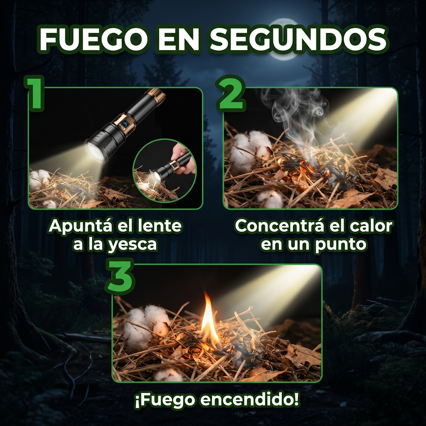 Boga Faro — Linterna de Alta Potencia con Lente de Ignición, para Camping y Supervivencia