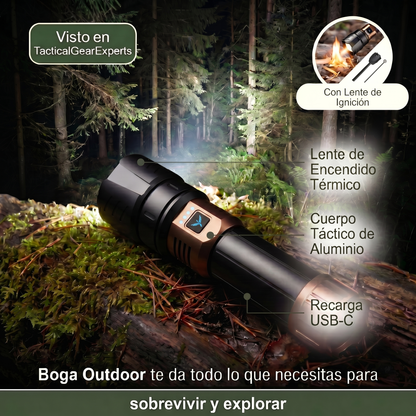 Boga Faro — Linterna de Alta Potencia con Lente de Ignición, para Camping y Supervivencia