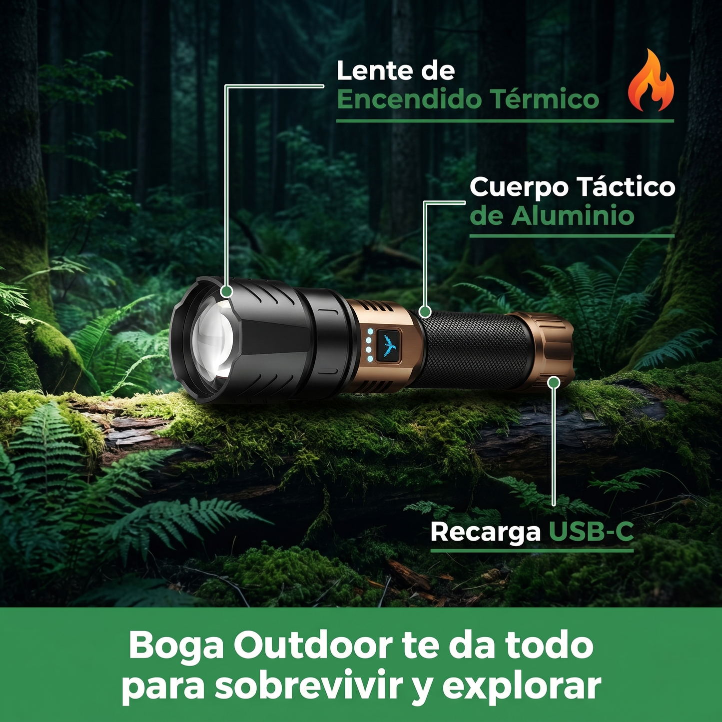Boga Faro — Linterna de Alta Potencia con Lente de Ignición, para Camping y Supervivencia